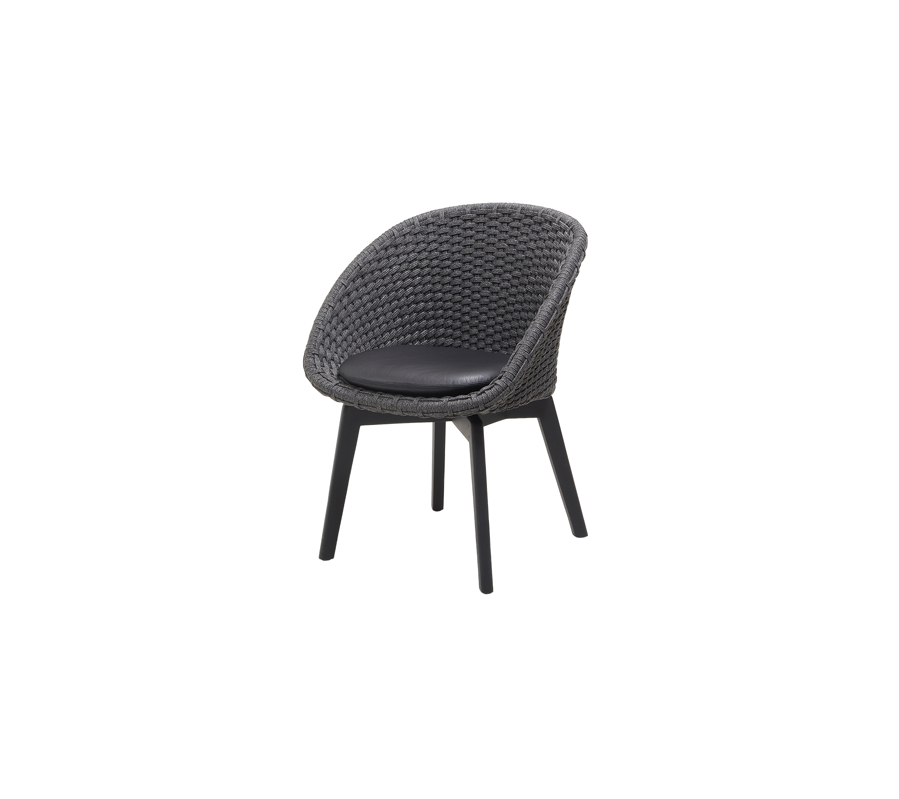 Stilfuld stol med en rund vævet sæde og sort polstret overflade, understøttet af slanke ben til moderne siddepladser.