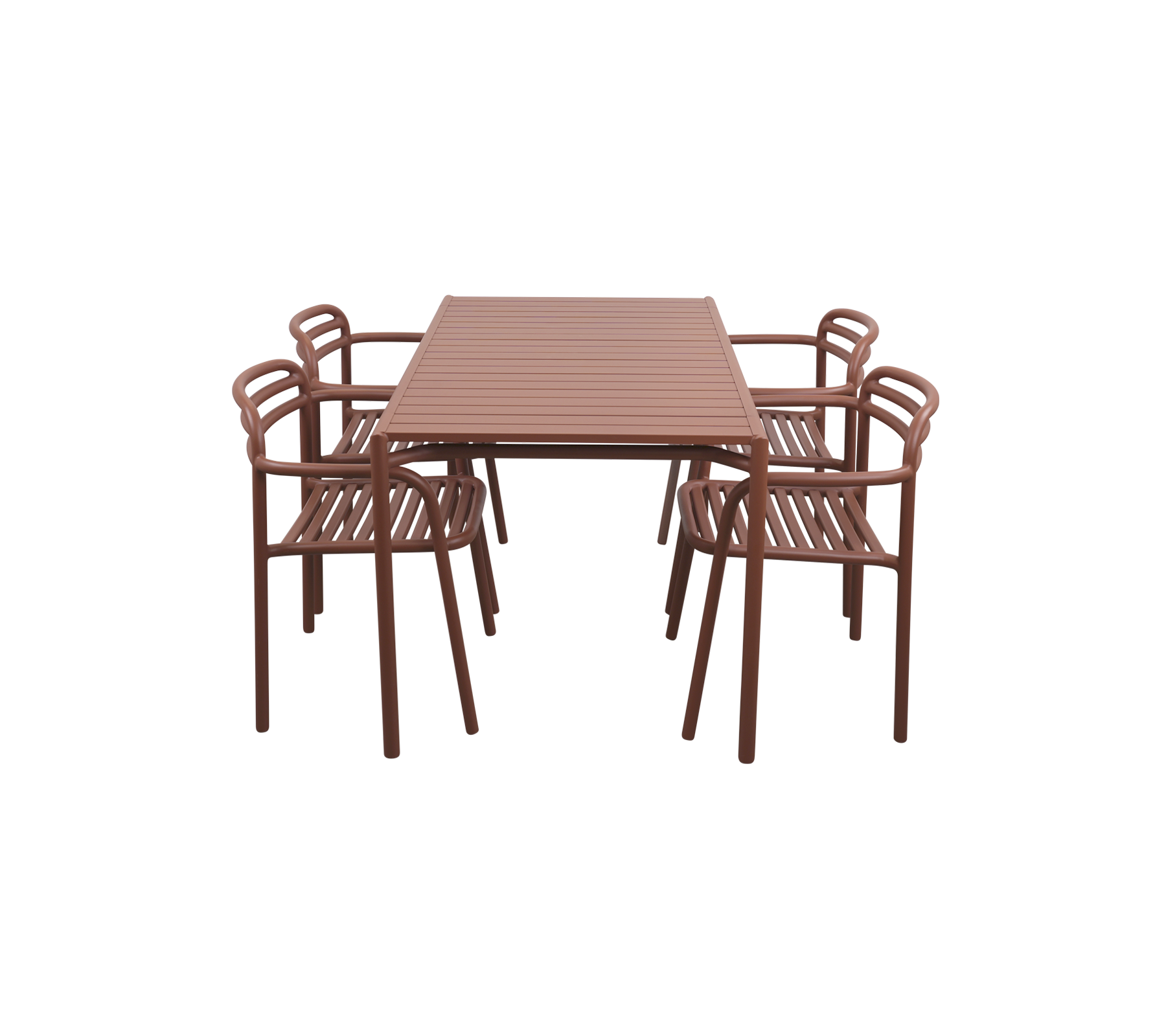 Brun rektangulær spisebord omgivet af seks matchende stole med lamel design for et moderne æstetisk udtryk.