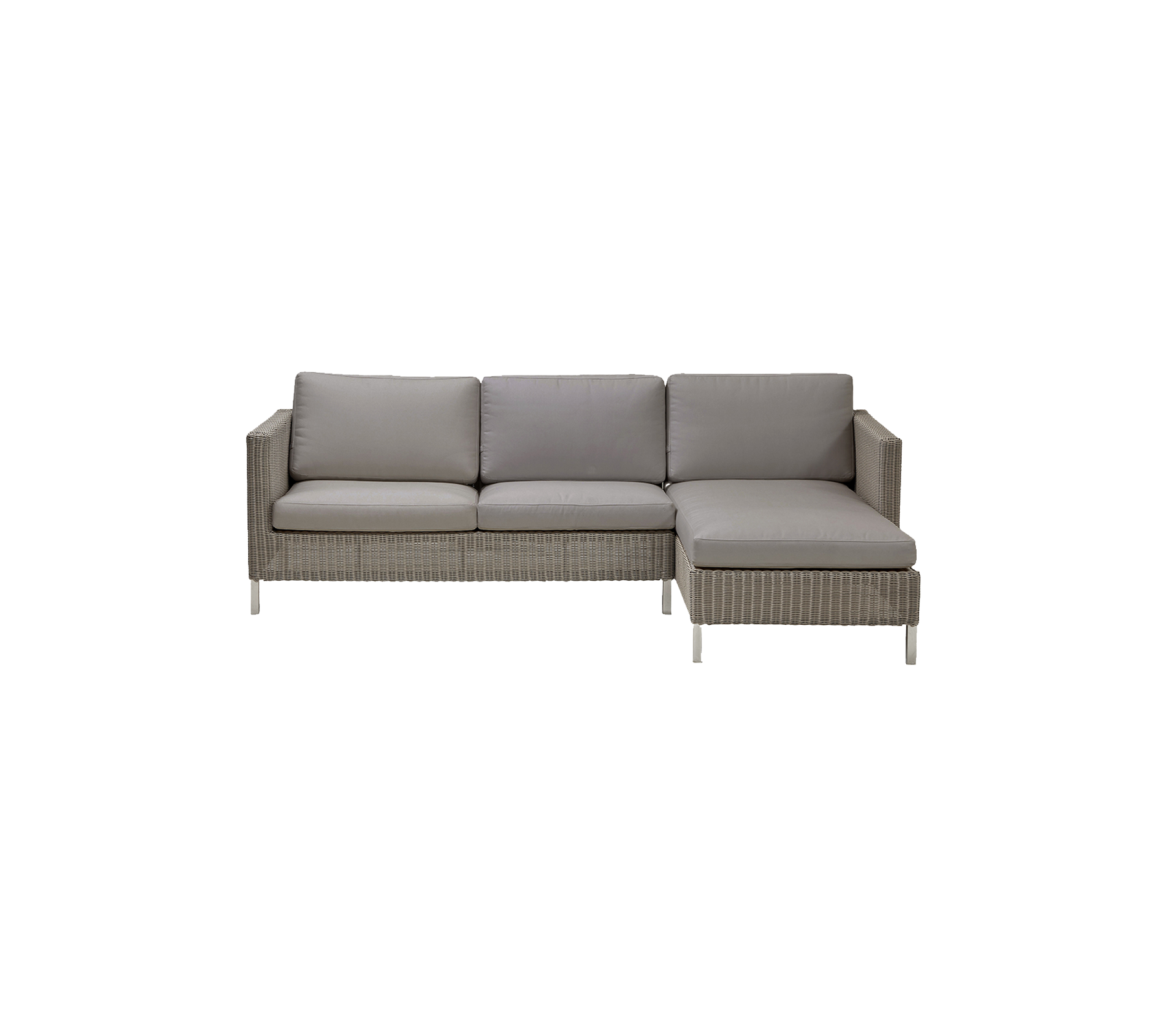 Moderne sektionel sofa med en lys grå farve og komfortable puder med et strømlinet design og vævet tekstur.