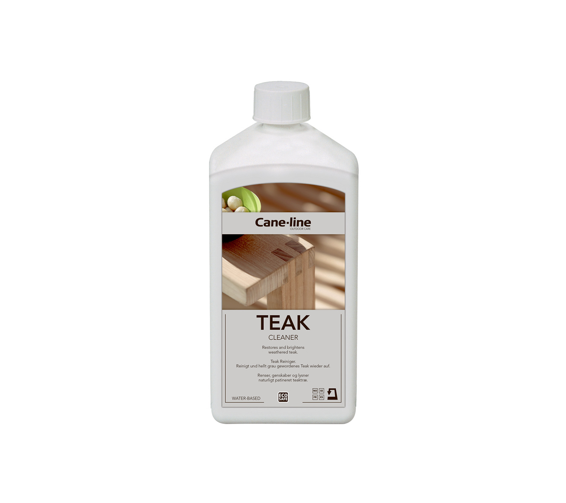 Flaske med teakolie til træpleje, med et etiket med produktinformation og brugsanvisning.