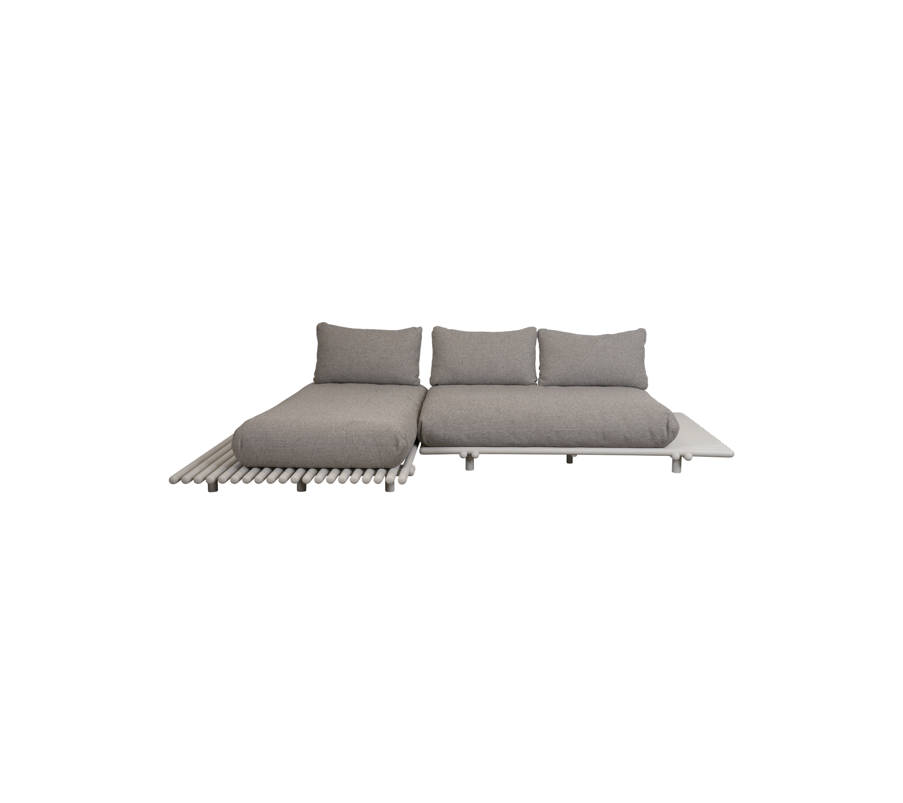 Moderne grå sektionelt sofa design med bløde puder og en slank træbund, perfekt til stilfuld afslapning eller sammenkomster.