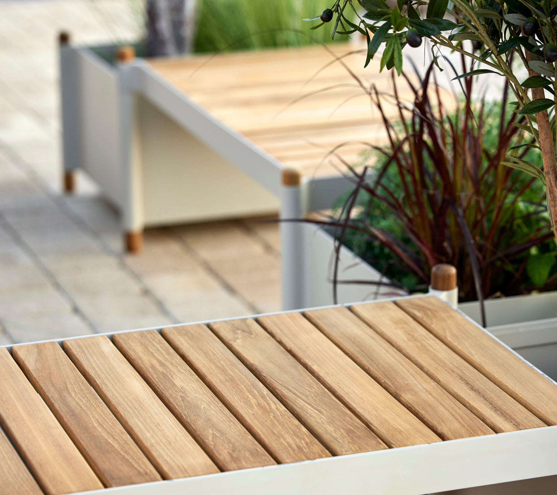 Træslatsoverflade med minimalistiske designelementer, omgivet af grønne planter og dekorative krukker.