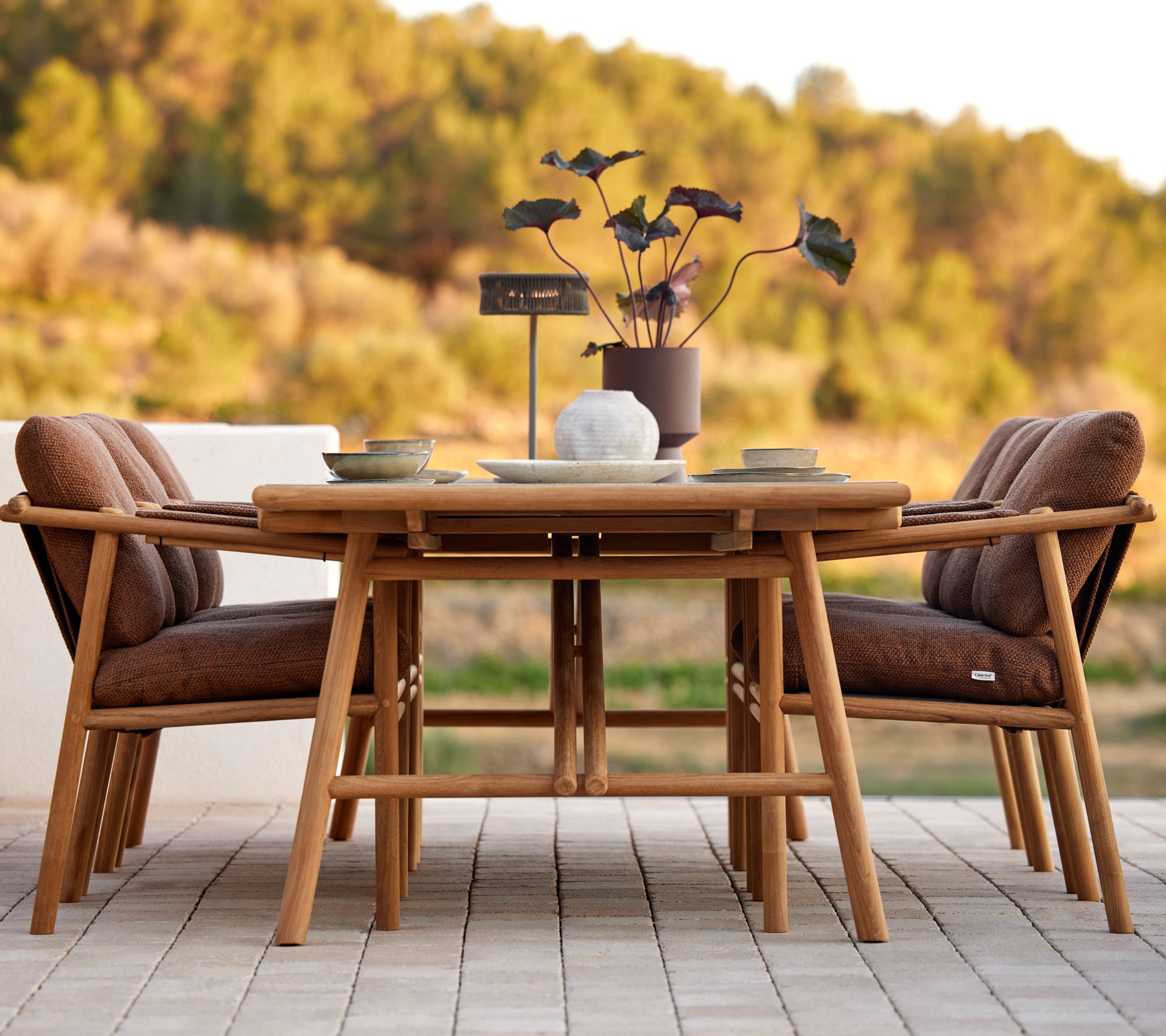 Teak spisebordssæt med stilfulde puder, omkranset af et midtpunkt af dekorative planter, perfekt til sammenkomster.