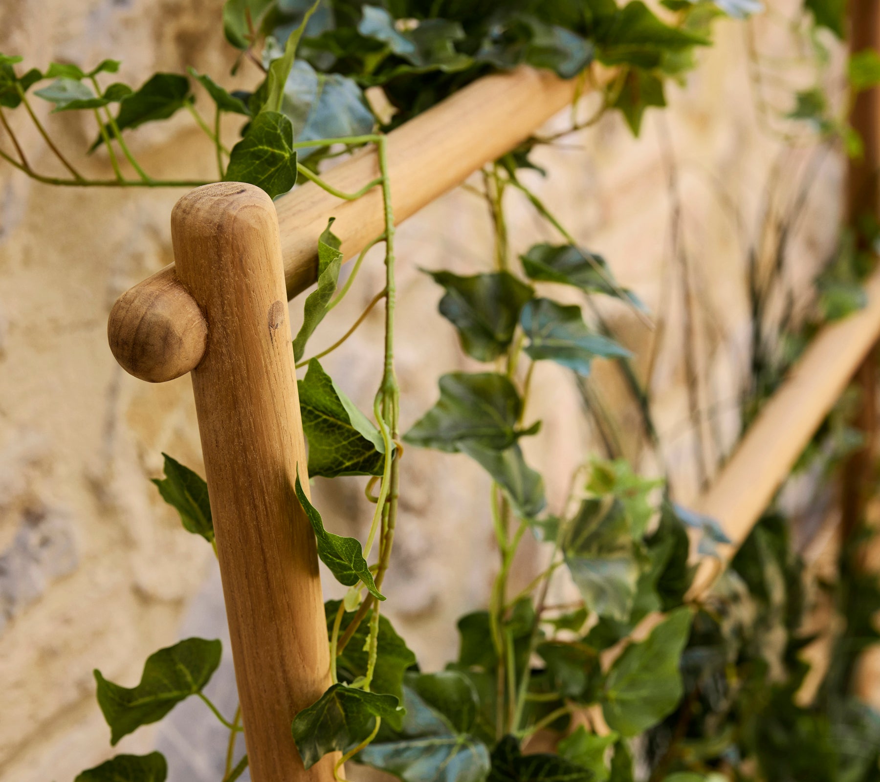 En træstik planter med frodige grønne vinstokke, der kaskader ned og tilføjer et naturligt præg til udstillingen.