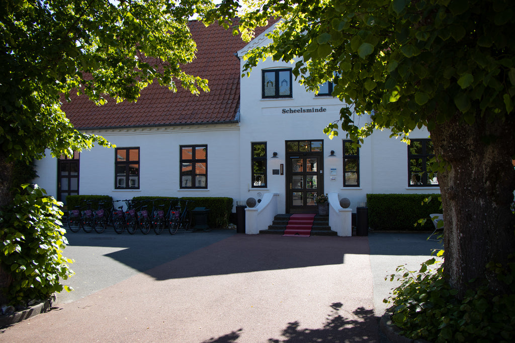 Hotel Scheelsminde, hvid historisk herregård med rødt tag, mellem grønne træer  