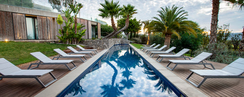 En række solstole ved en reflekterende pool, omgivet af frodig vegetation og palmer, der skaber et roligt afslapningsområde.