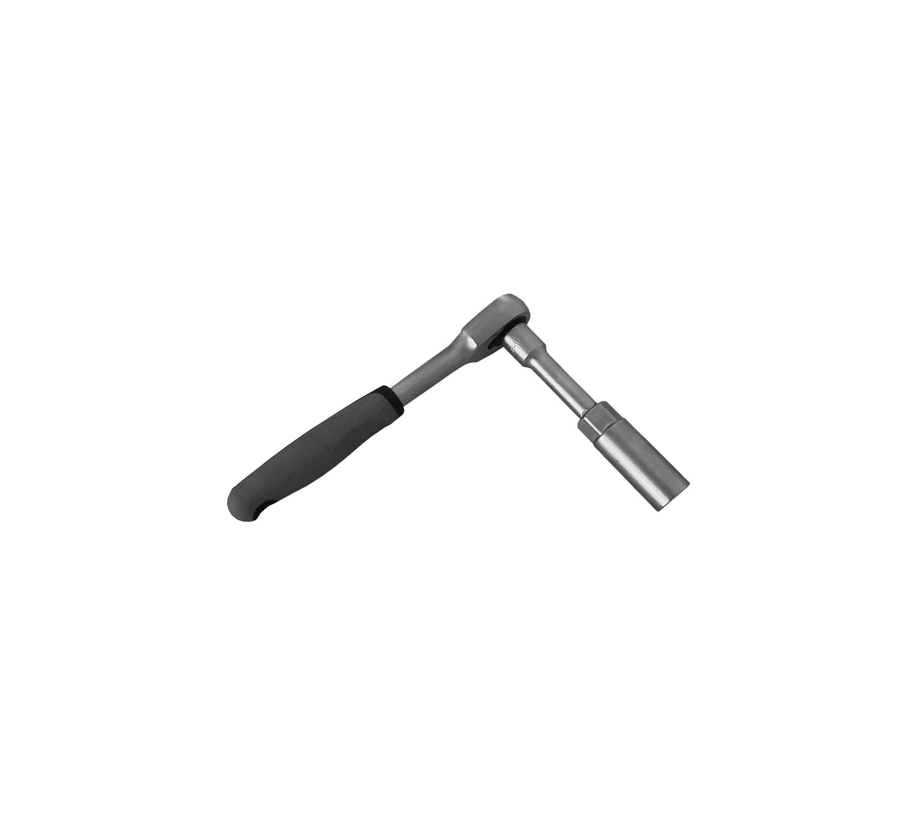 En metal ratchet skruenøgle med et textured håndtag for greb, designet til at stramme og løsne bolte og møtrikker.