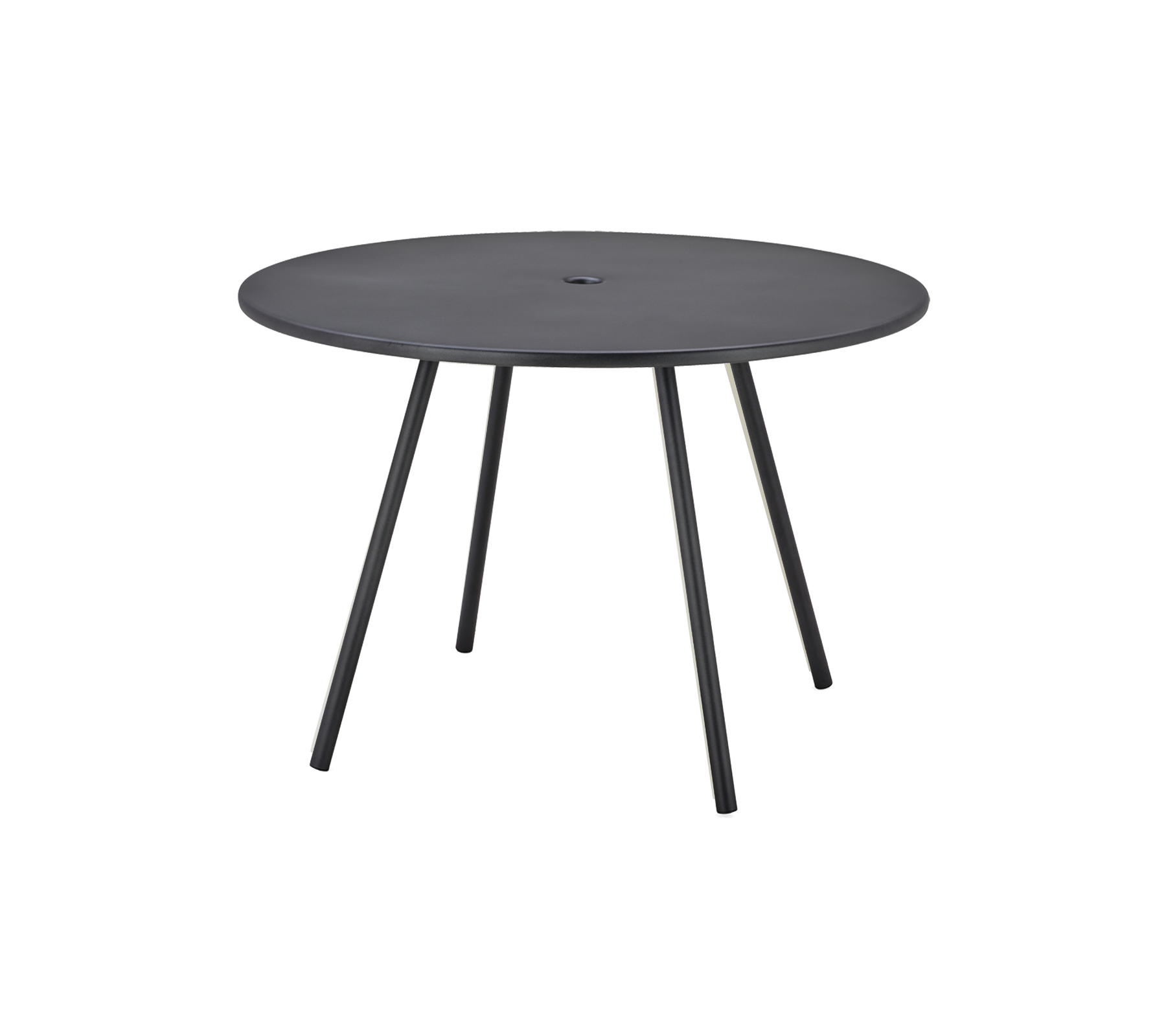 Rund sort bord med en glat overflade og tre slanke ben, designet til alsidig brug.