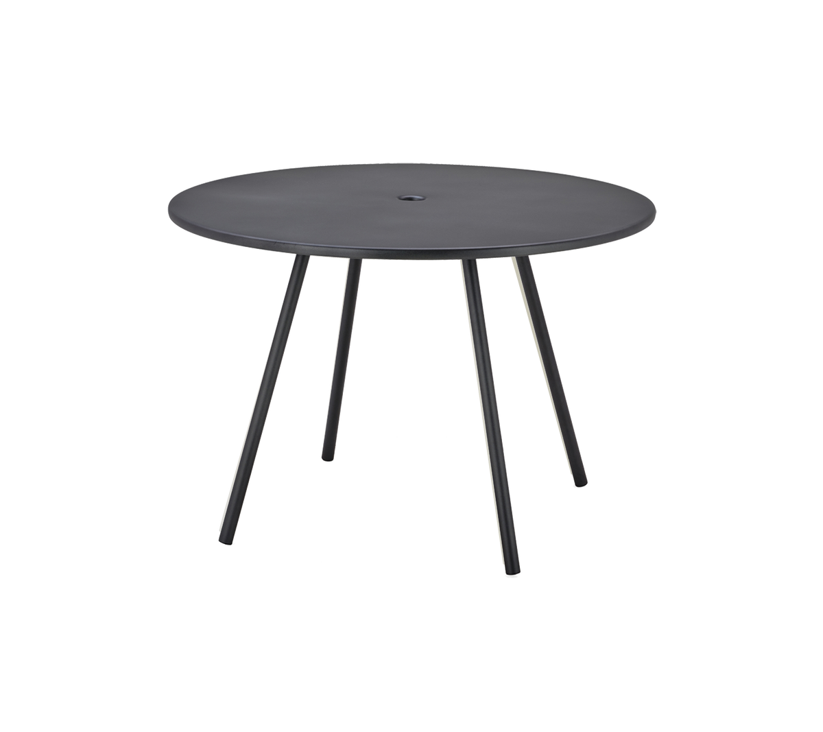 Rund sort bord med en glat overflade og tre slanke ben, designet til alsidig brug.