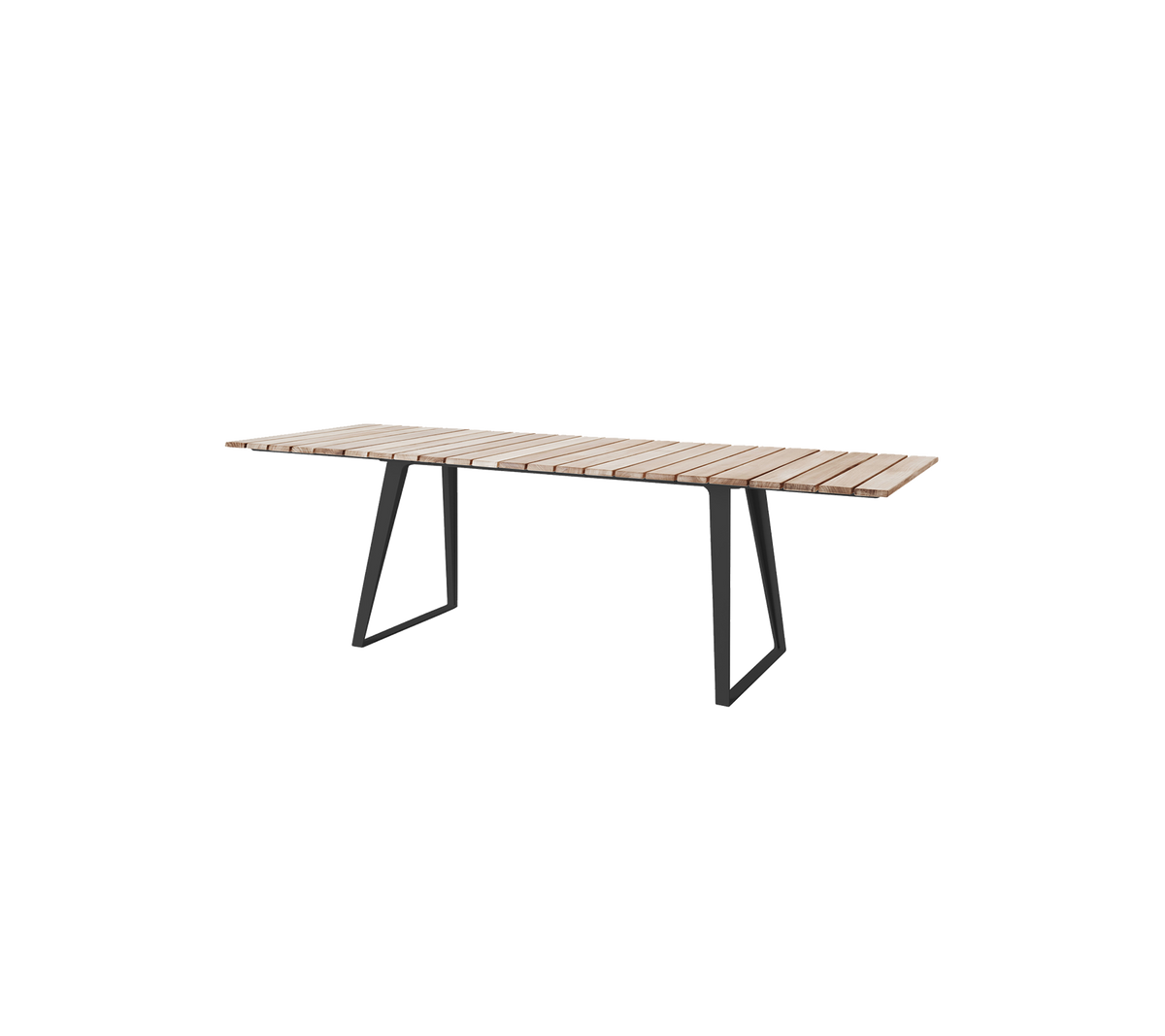 Moderne træbord med en lameloverflade og slanke metalben, velegnet til forskellige indstillinger og sammenkomster.