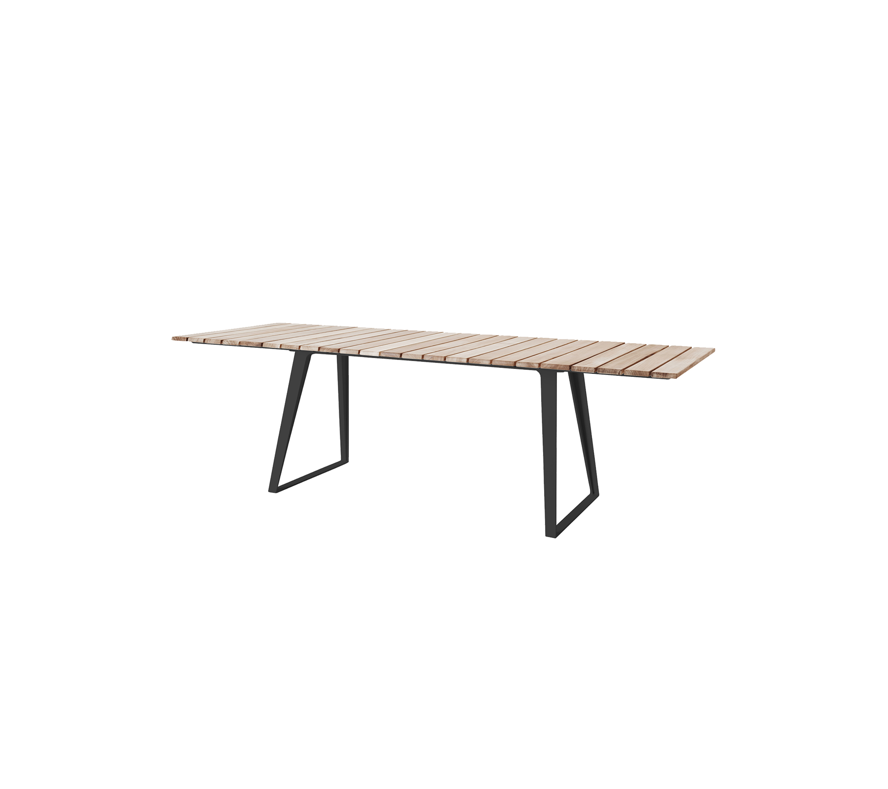 Moderne træbord med en lameloverflade og slanke metalben, velegnet til forskellige indstillinger og sammenkomster.