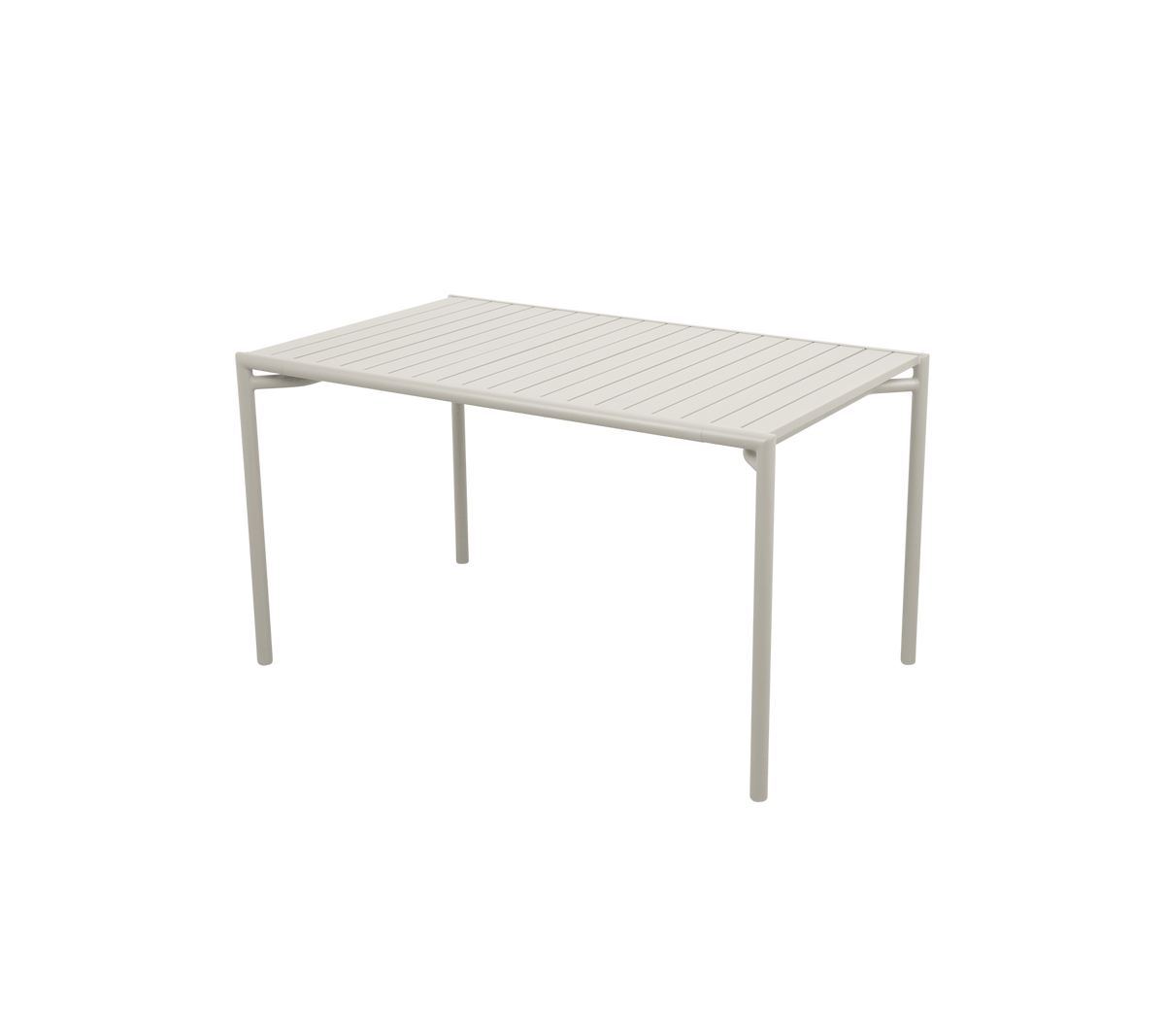 Rektangulært bord med en lameloverflade og fire lige ben, der har et moderne og minimalistisk design i en lys farve.