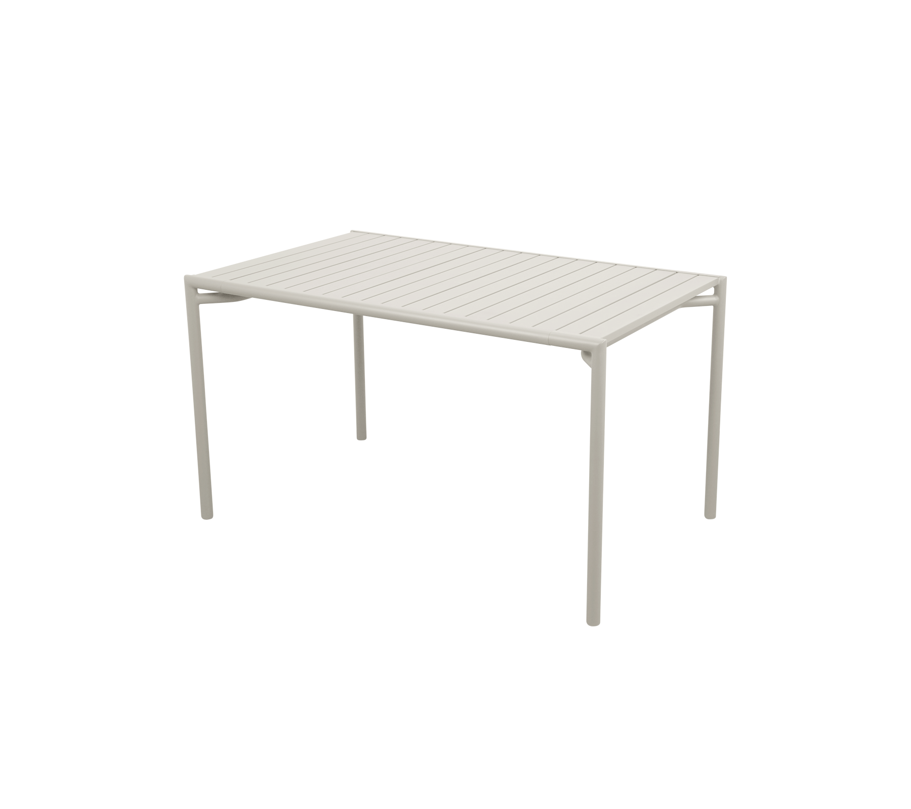Rektangulært bord med en lameloverflade og fire lige ben, der har et moderne og minimalistisk design i en lys farve.