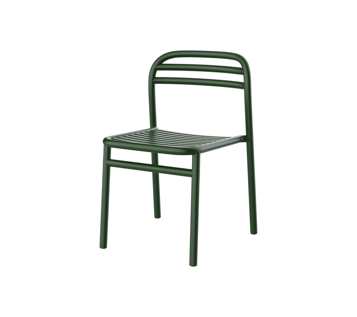 Grøn metalstol med et simpelt design, der har ribbet sæde og rygstøtte for komfort og stil. Perfekt til alsidige omgivelser.