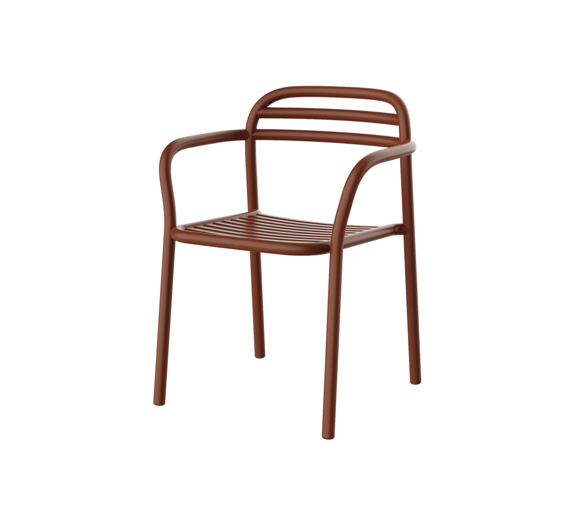 Brun stol med et moderne design, der har buede arme og vandrette lameller på ryggen. Ideel til afslappet sæde.