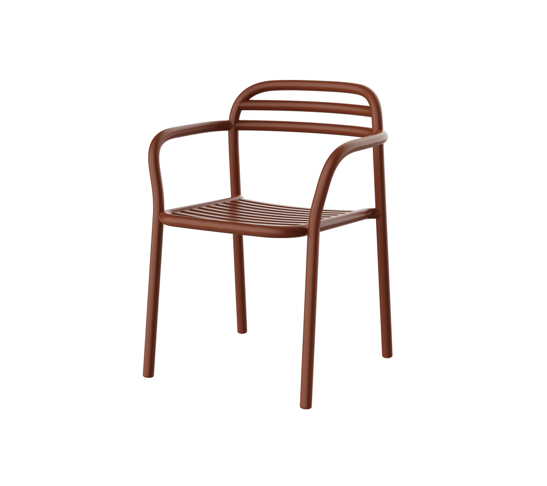 Brun stol med et moderne design, der har buede arme og vandrette lameller på ryggen. Ideel til afslappet sæde.