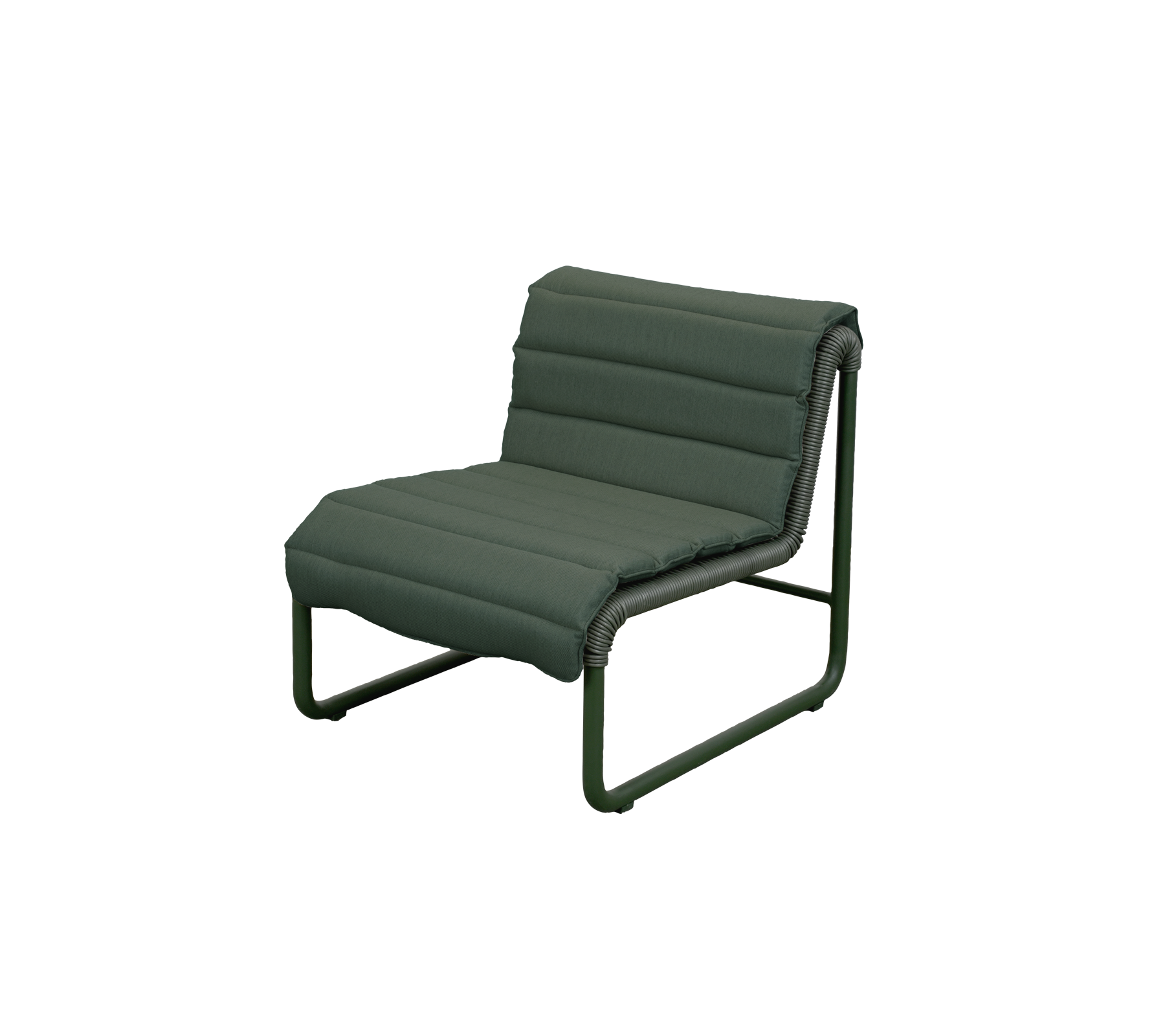 Moderne mørkegrøn loungestol med et minimalistisk design.