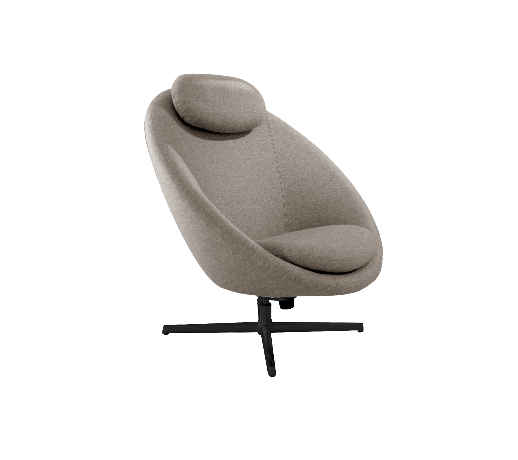 Stilfuld lounge stol med et buet design, blødt betræk og en støttende hovedstøtte, monteret på en slank base.