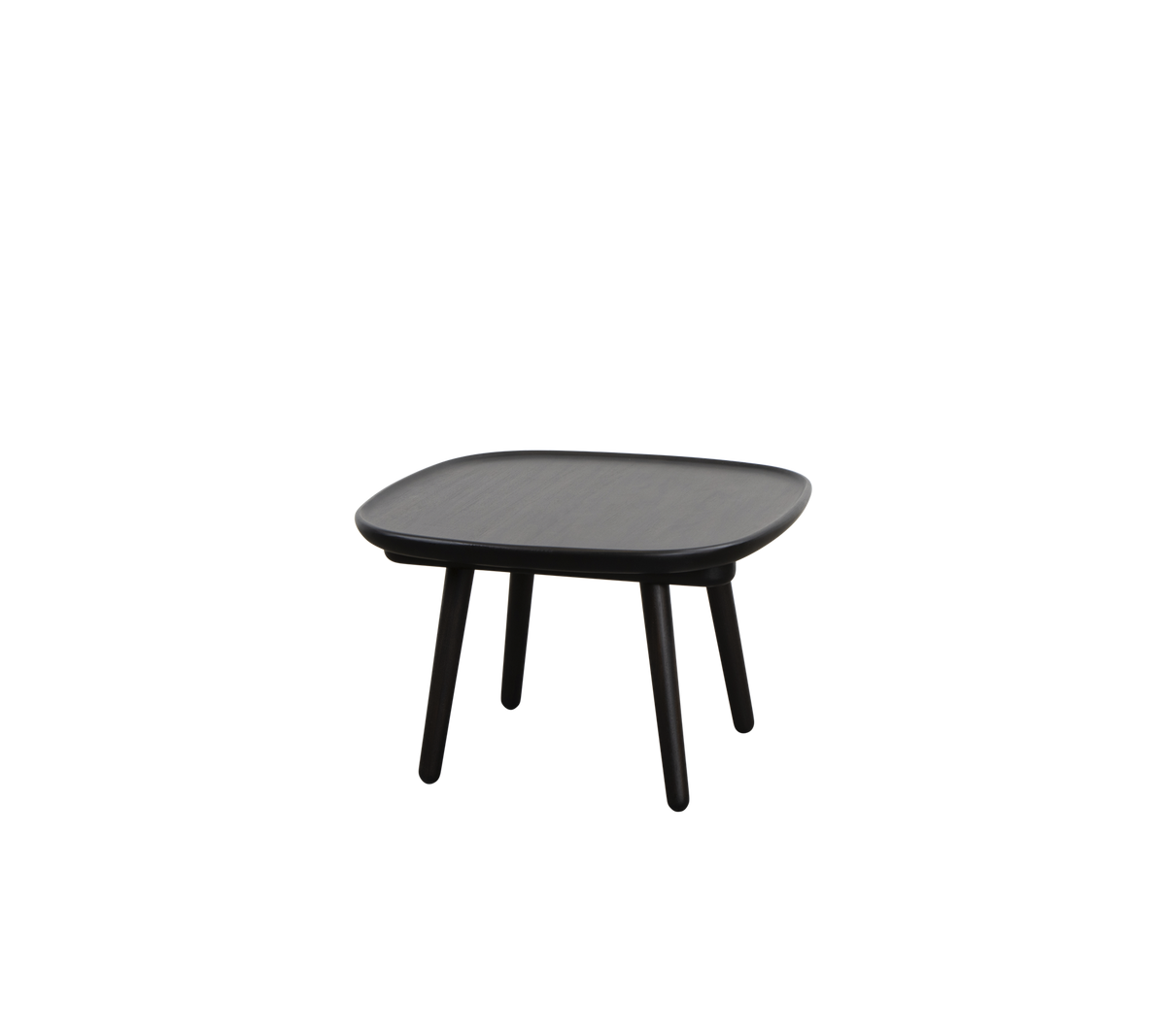 Firkantet bord med en glat top og fire slanke ben, designet til alsidig brug i forskellige omgivelser.