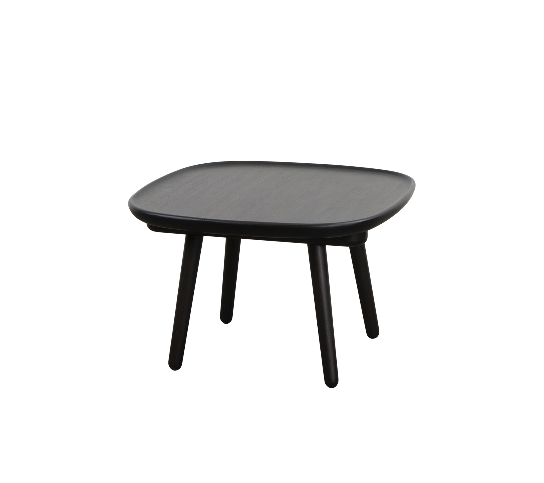 Kvadratisk sort bord med en glat overflade og fire slanke ben, designet til alsidighed og enkelhed i stil.
