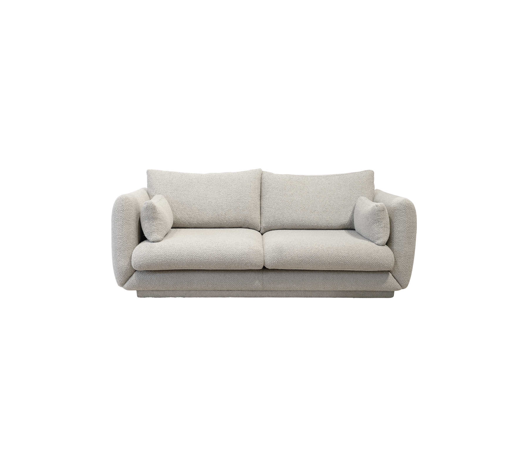 En stilfuld, moderne sofa i lys gråt stof med bløde puder og bløde, afrundede kanter for komfort og elegance.