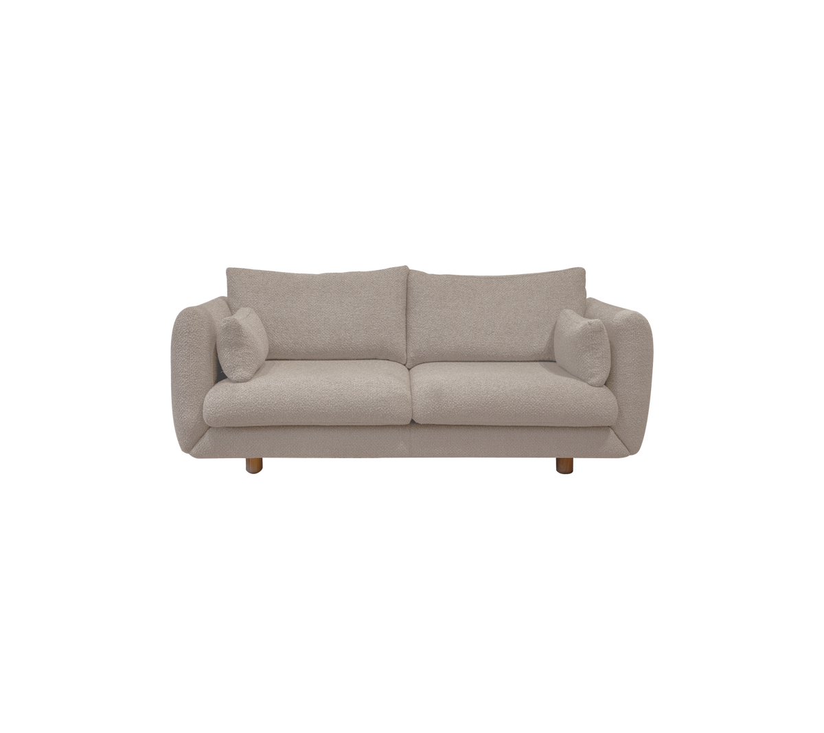 Lysebrun sofa med runde puder i en moderne loungeindstilling.