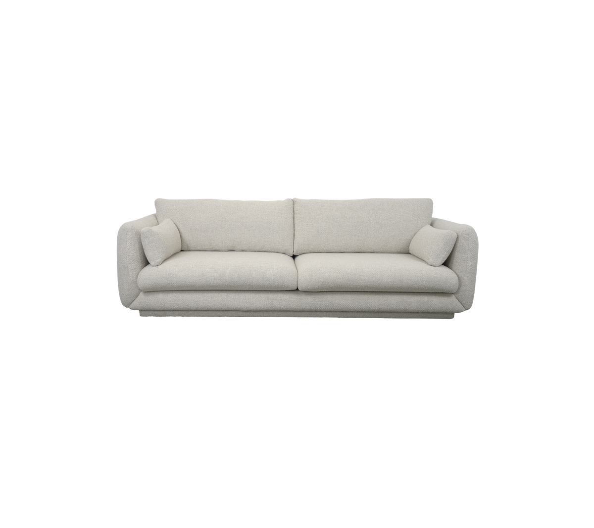 En moderne, lys farvet sofa med bløde puder og to dekorative puder i hver ende, designet til komfort og stil.