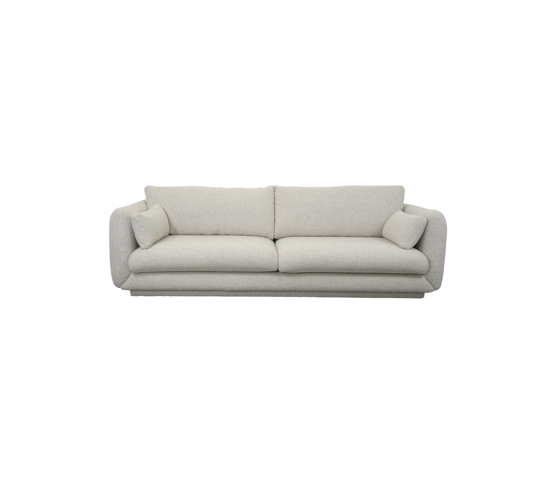 En moderne, lys farvet sofa med bløde puder og to dekorative puder i hver ende, designet til komfort og stil.