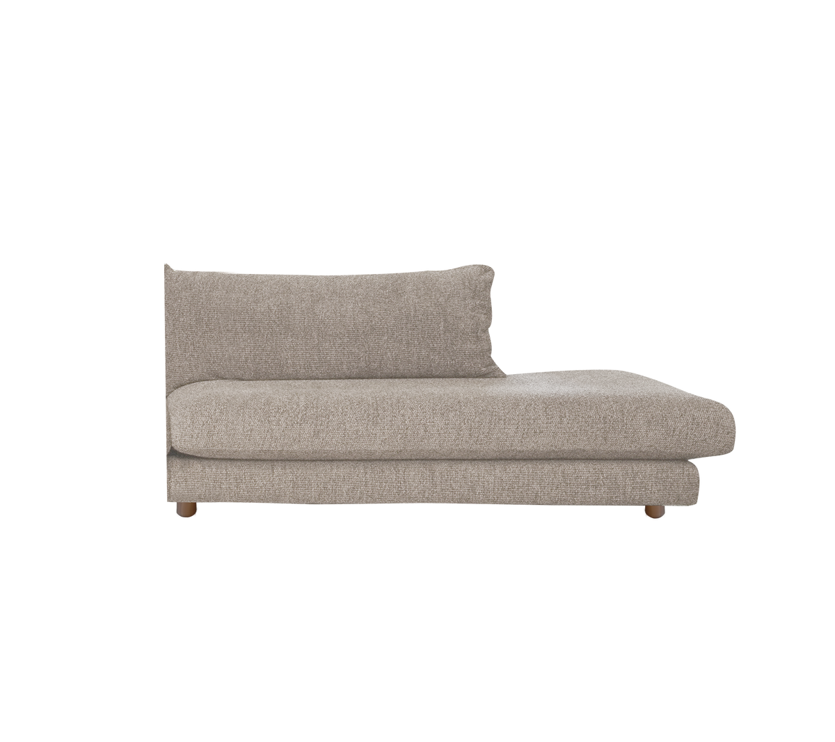 Lysebrune sofa med et enkelt design, der har en polstret ryg og sæde.