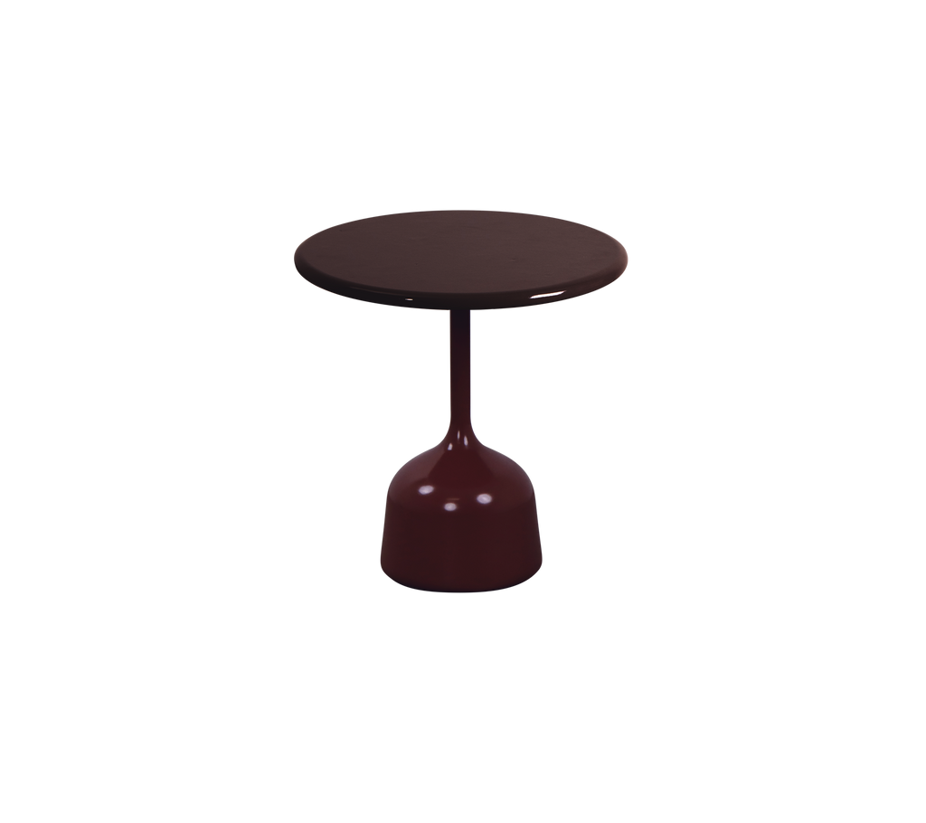 Burgundisk bord med en rund top og en afrundet base i et moderne design.