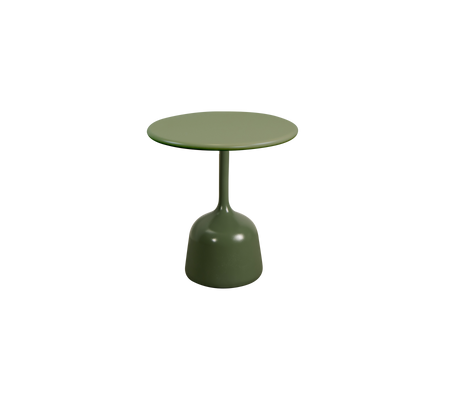 Lille rund bord med et enkelt design og en solid grøn finish, der har en glat top understøttet af en rund base.