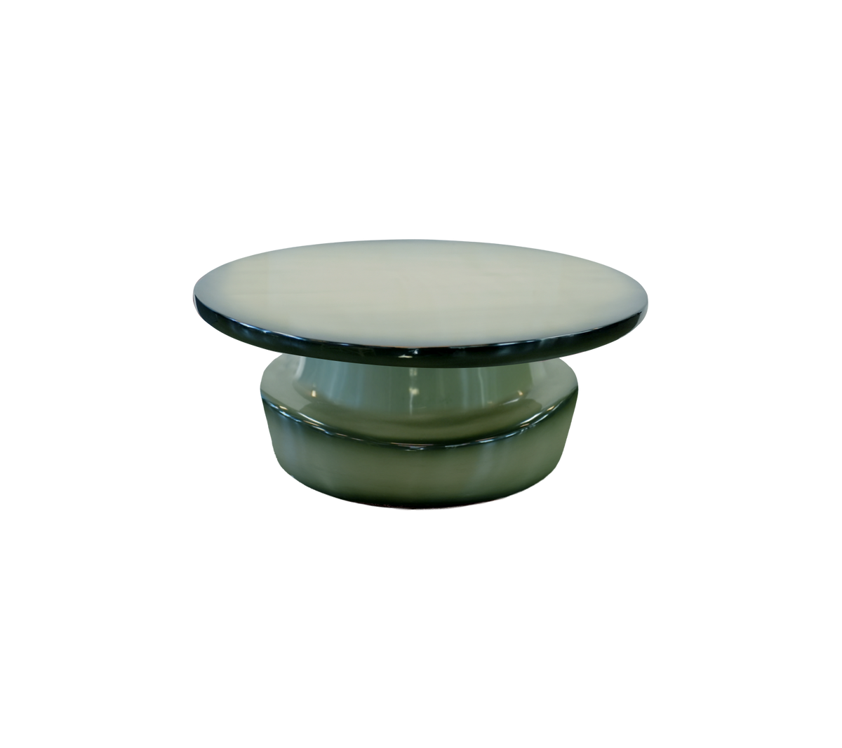 Moderne grøn bord med en glat, rund top og skulpturel base.