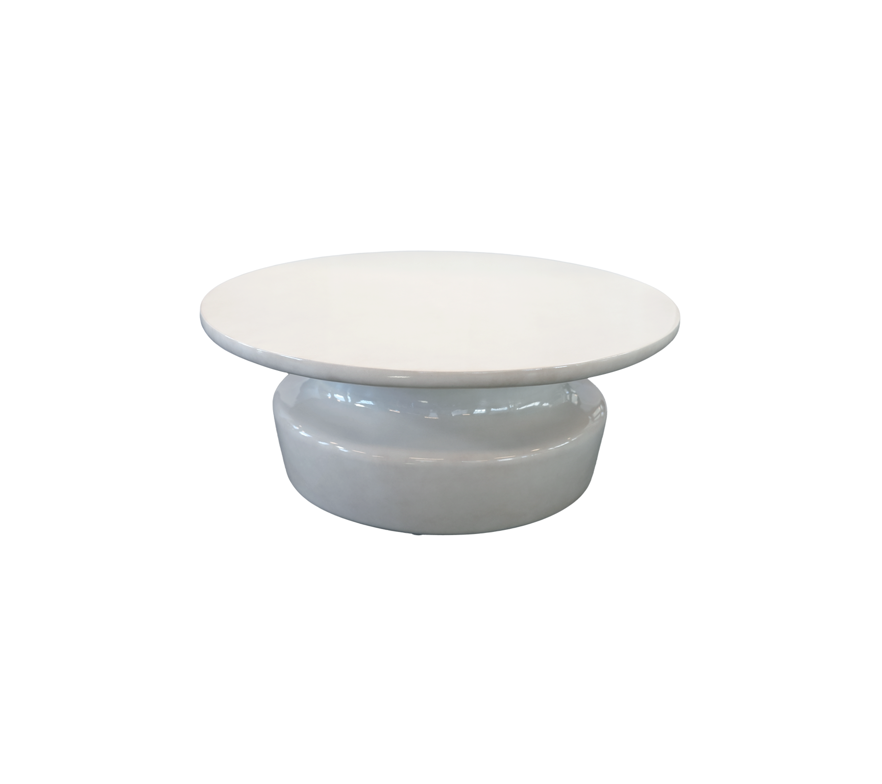 Moderne hvid kaffebord med en rund top og en buet base.