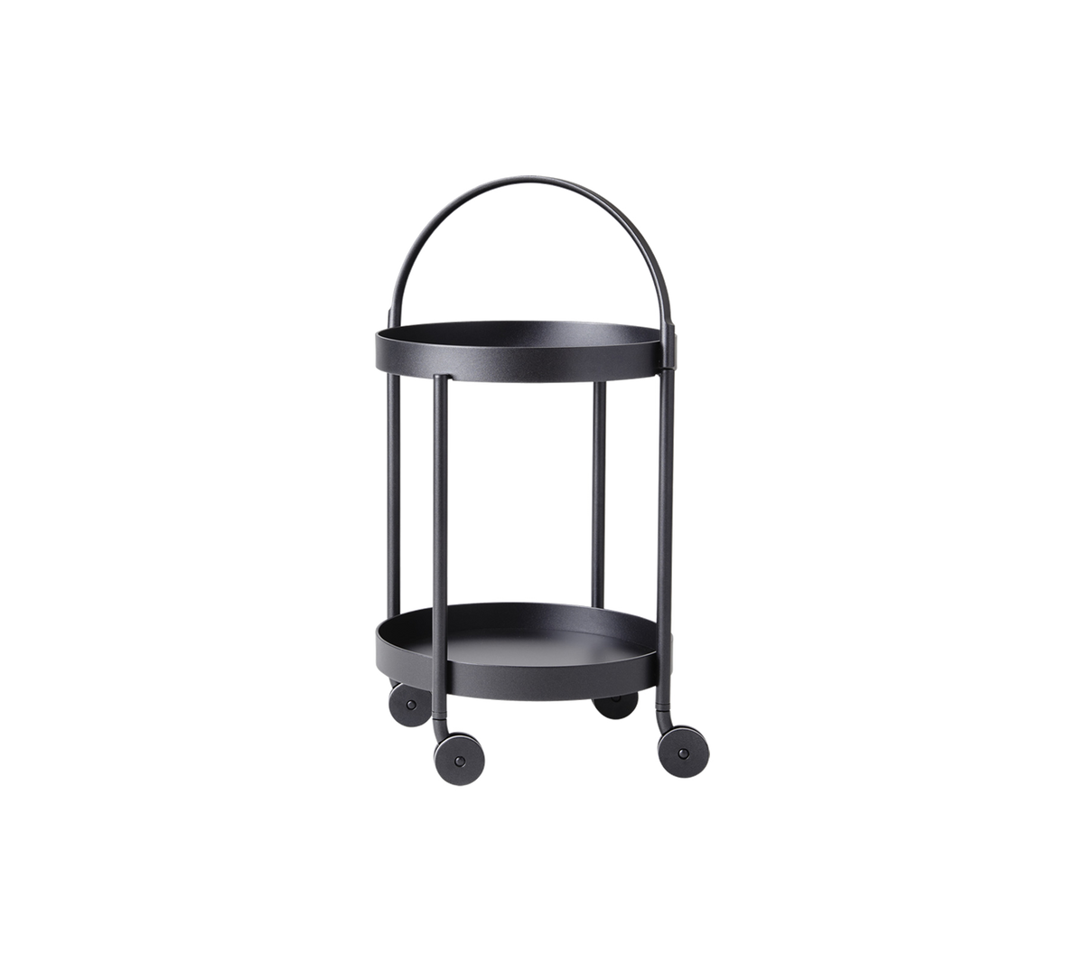 Sort, to-buyet serveringsvogn på hjul med et buet håndtag og minimalistisk design, ideel til alsidig opbevaring og præsentation.