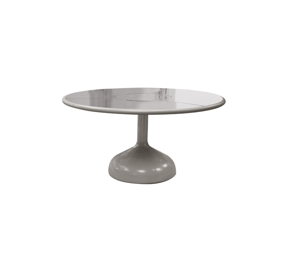 Rundt bord med en glat, blank overflade og en robust fod, der viser et moderne og minimalistisk design.