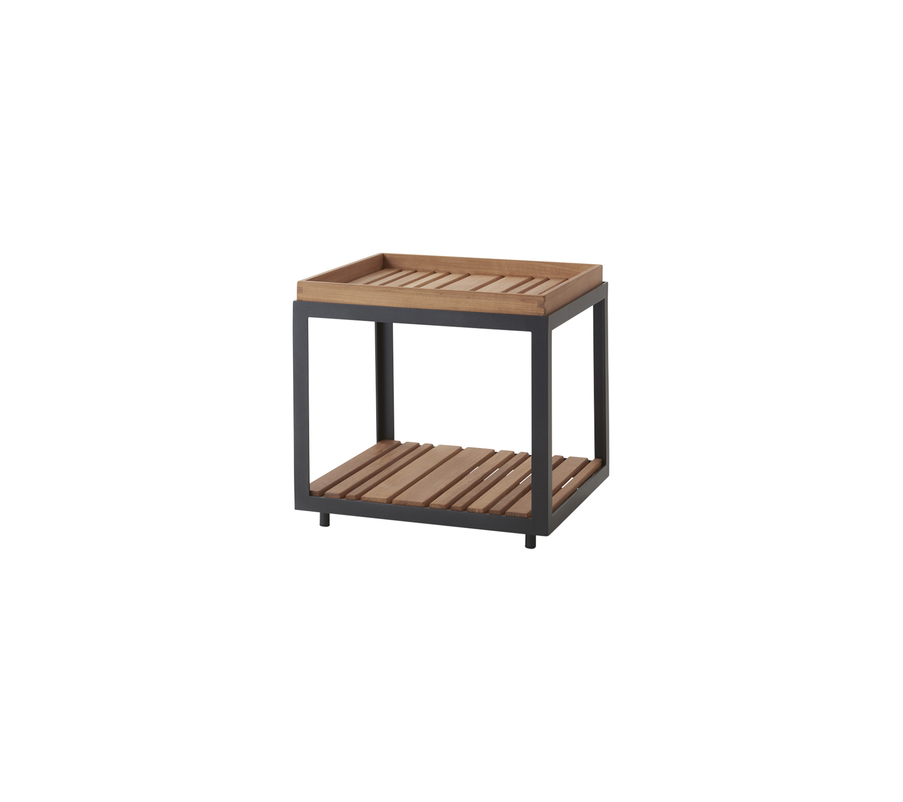Sidetabel i træ med slat-top og en nederste hylde, der har en robust ramme til alsidig opbevaring og visning.