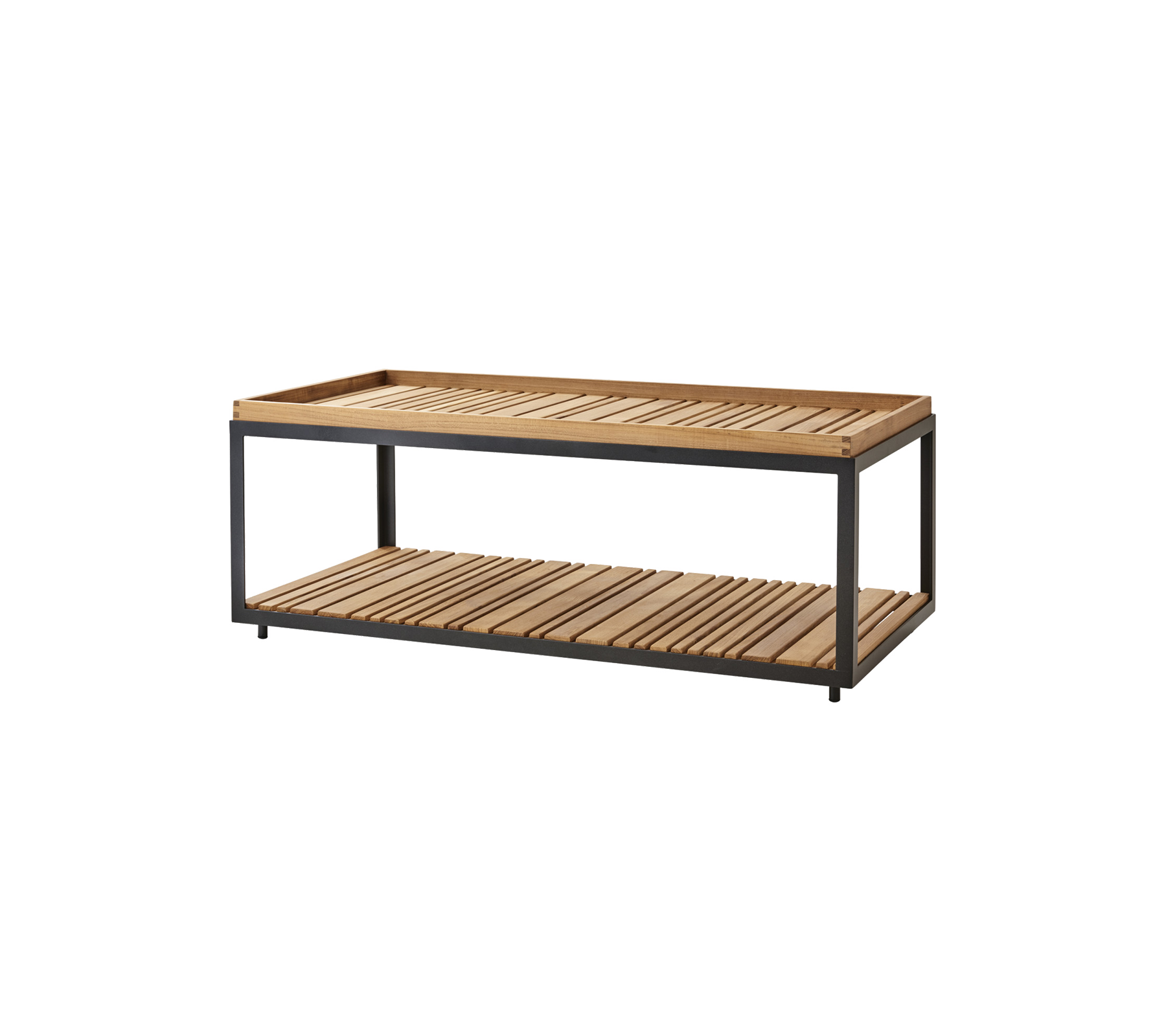 Bord i træ med slatdesign og metalramme, der har to niveauer til opbevaring eller præsentation. Ideel til moderne stuer.