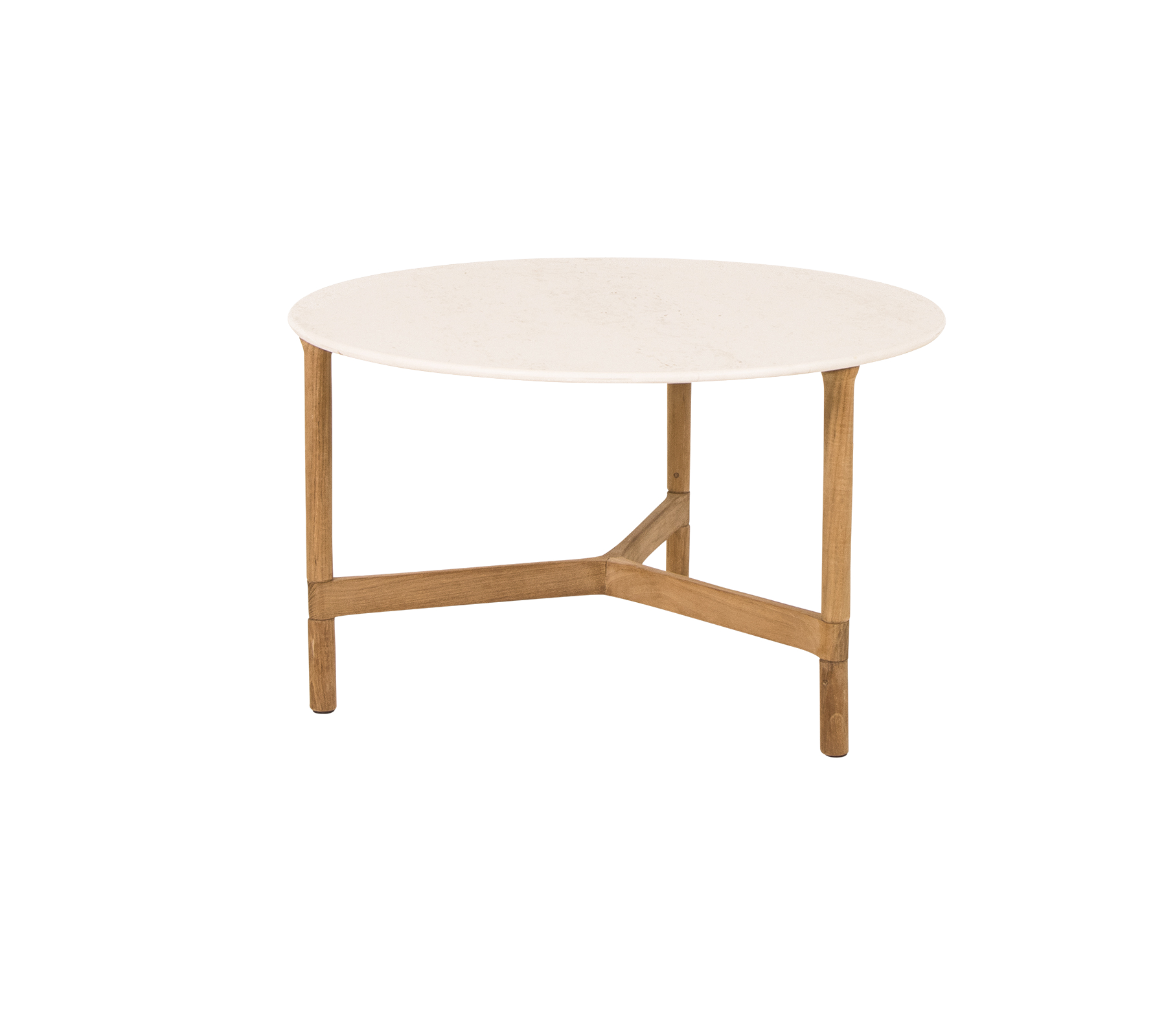 Rundt sofabord med en glat hvid top og lyse træben, præget af et moderne og minimalistisk design.