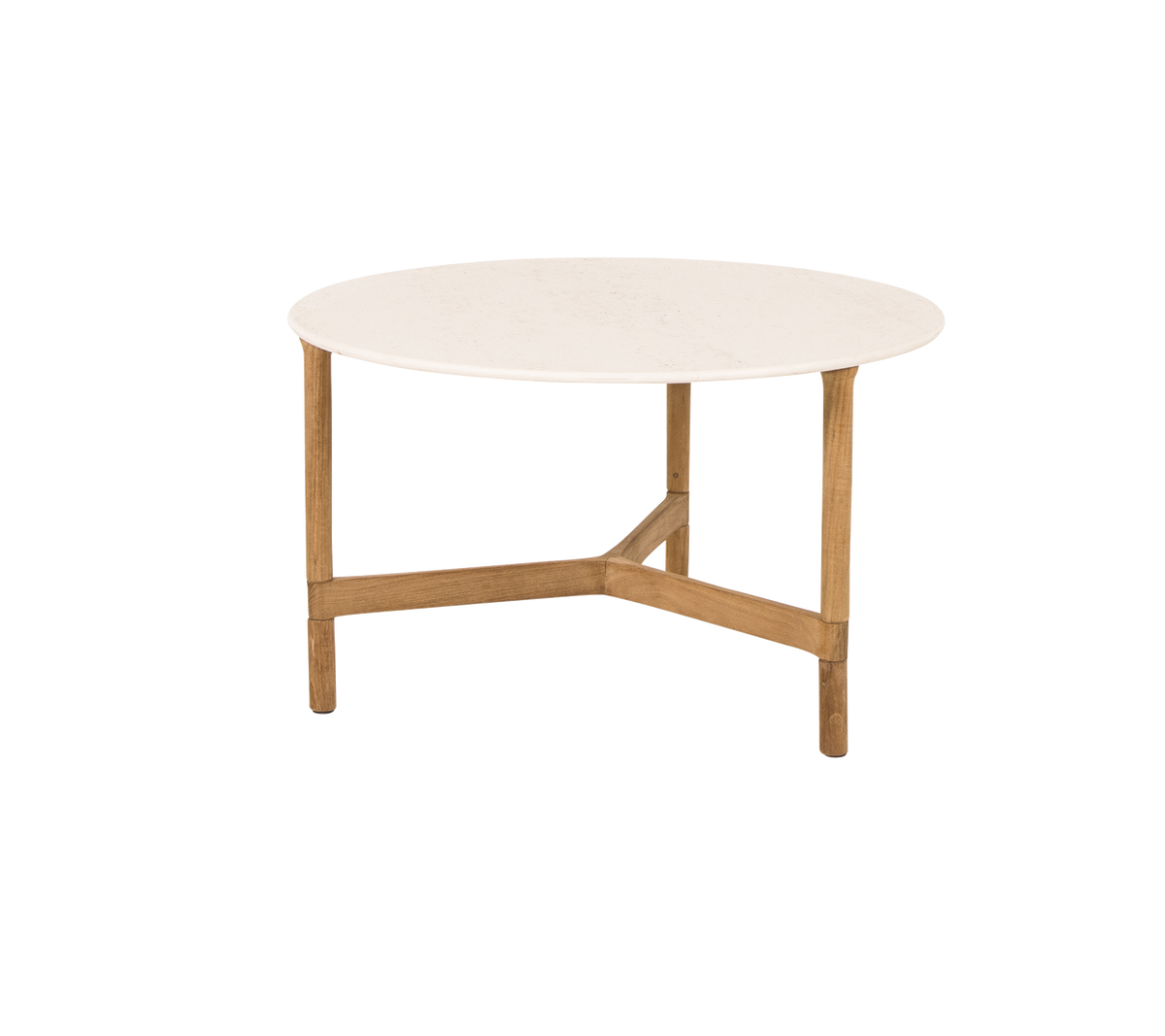 Rundt sofabord med en glat hvid top og lyse træben, præget af et moderne og minimalistisk design.