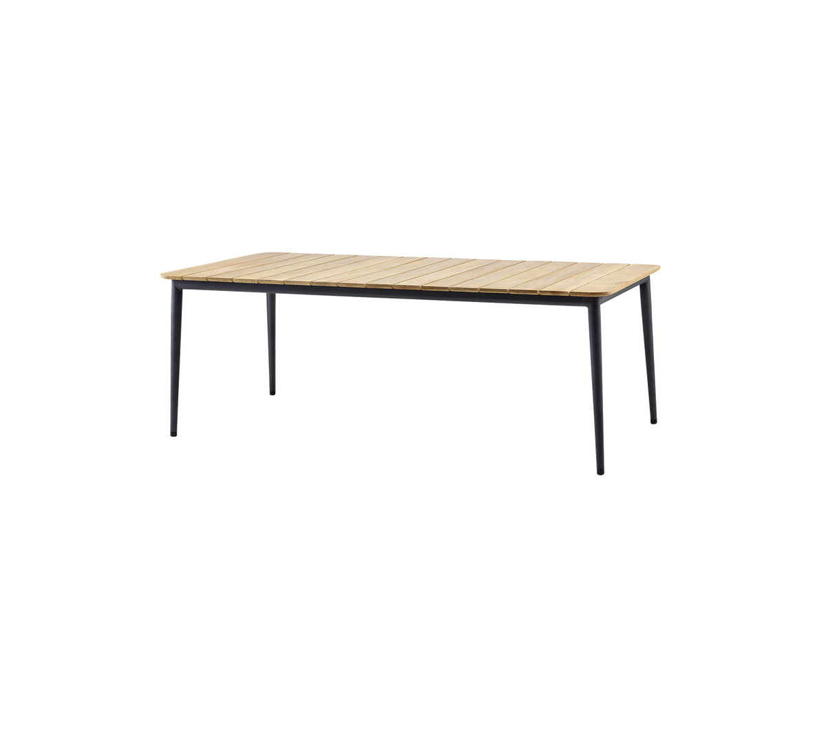 Stilfuldt bord med en top af træslat og elegante sorte ben, perfekt til forskellige indstillinger og anvendelser.