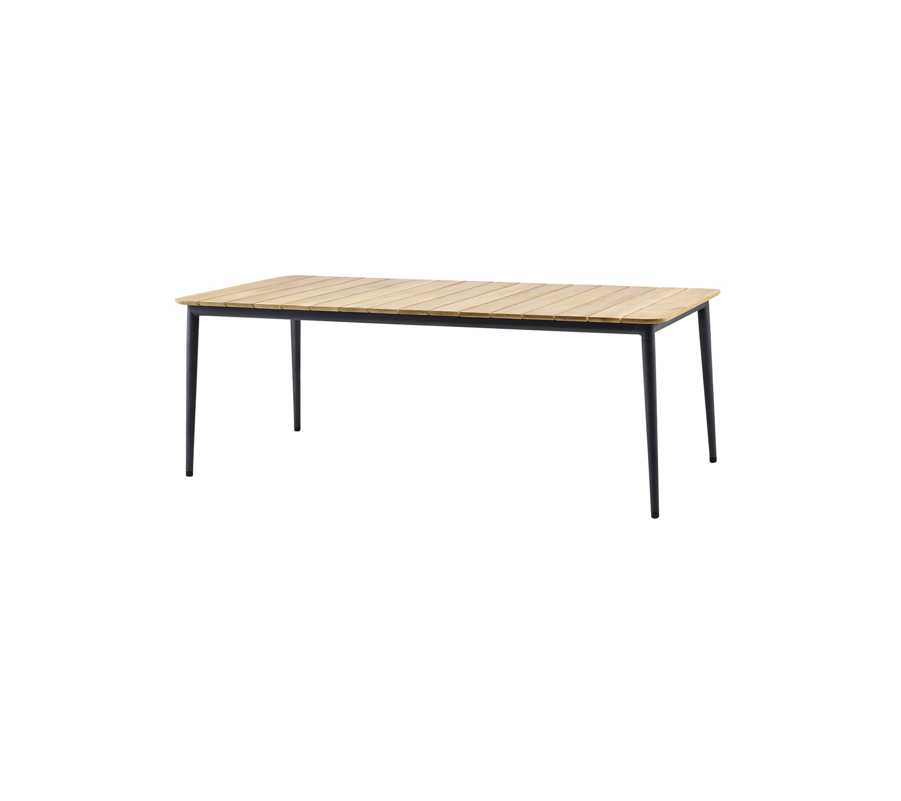 Stilfuldt bord med en top af træslat og elegante sorte ben, perfekt til forskellige indstillinger og anvendelser.