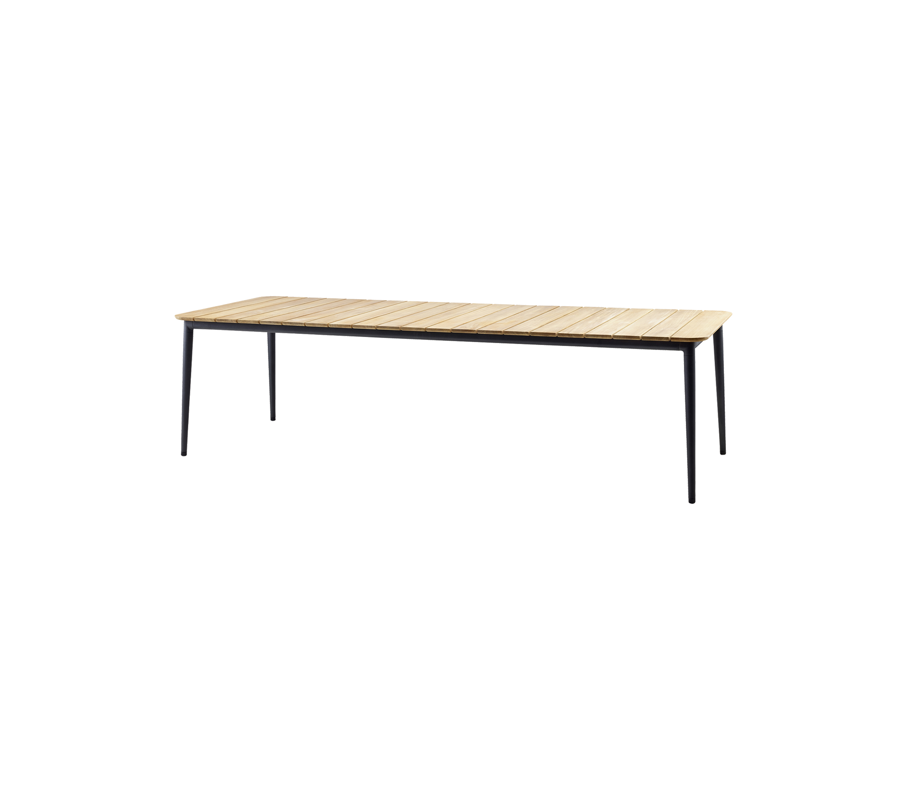 Træ spisebord med en lys overflade og slanke sorte ben, perfekt til moderne rum.