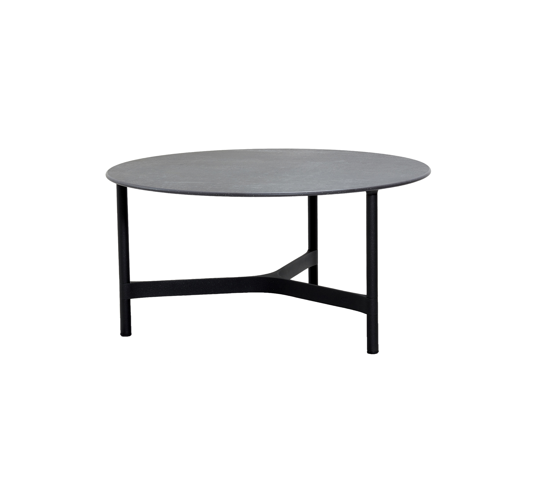 Rundt bord med en grå overflade, understøttet af en slank sort ramme med minimalistisk design. Ideelt til moderne indretning.
