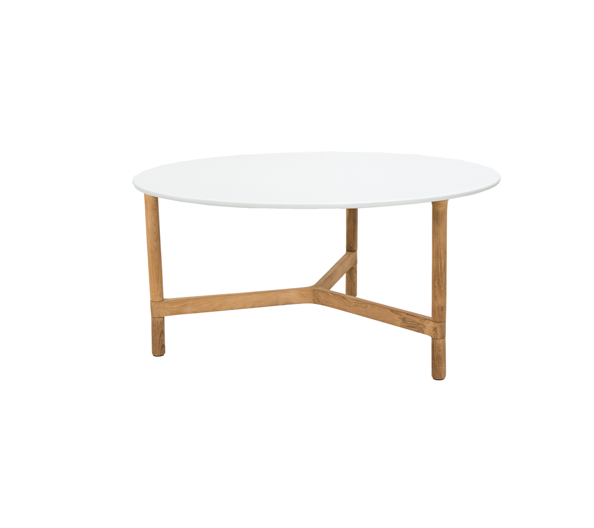 Et rundt sofabord med en slank hvid top understøttet af solide træben med et unikt krydsdesign.