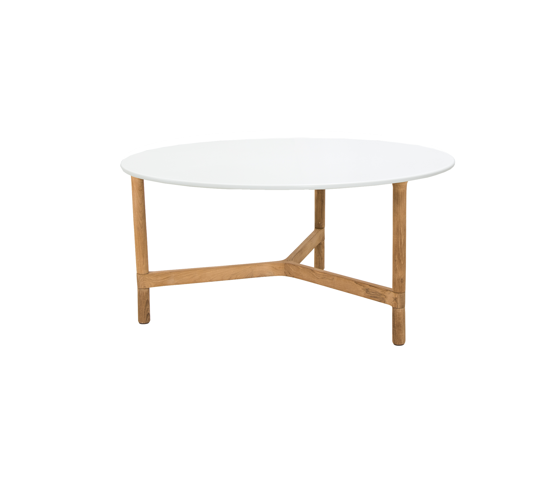 Et rundt sofabord med en slank hvid top understøttet af solide træben med et unikt krydsdesign.