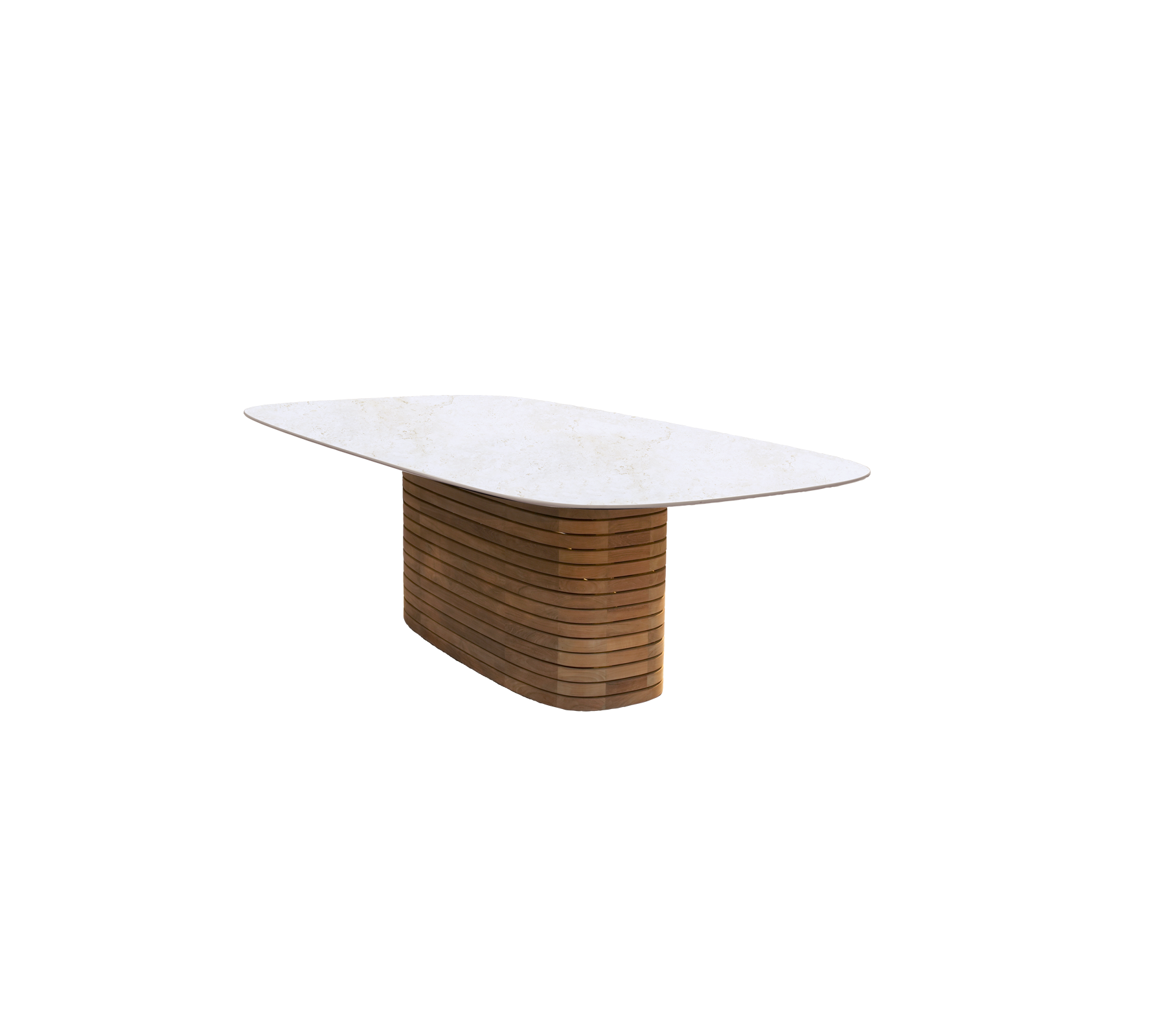 Moderne spisebord med en base af teaktræ og en travertin-lignende top.