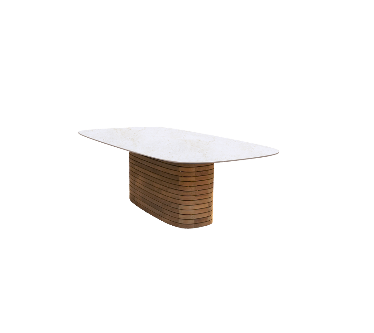 Moderne spisebord med en base af teaktræ og en travertin-lignende top.