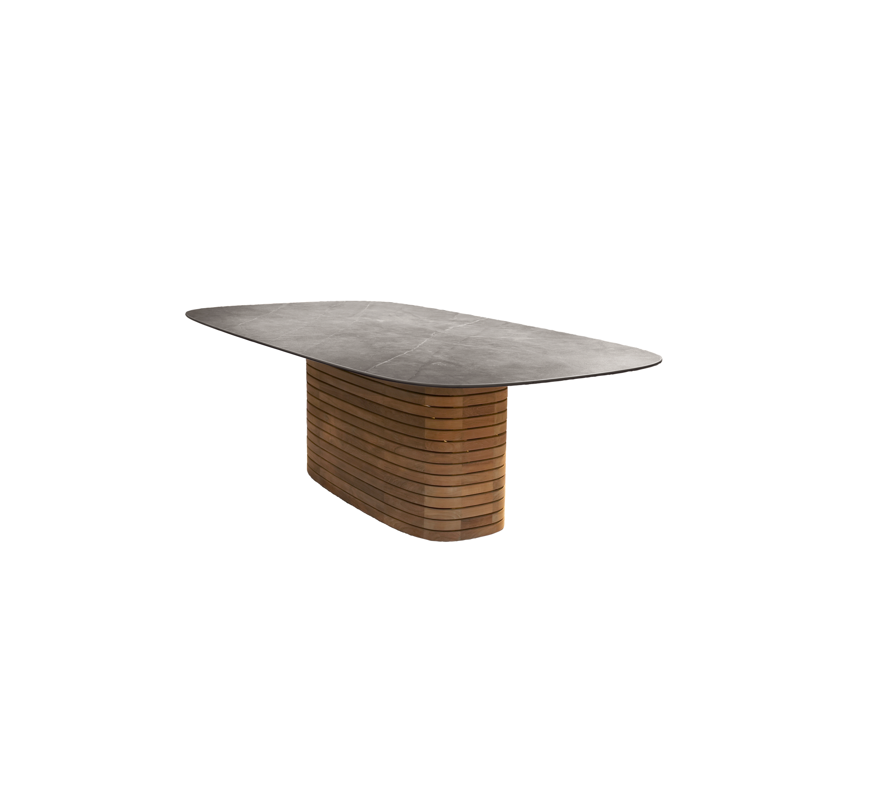 Teaktræbord med en glat overflade og et karakteristisk design af benene.