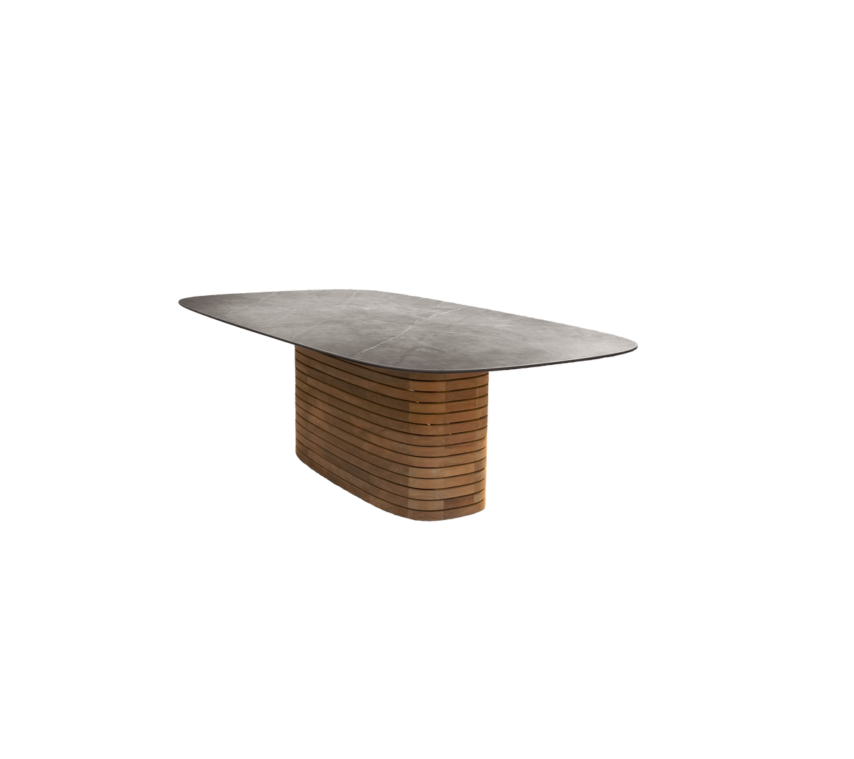 Teaktræbord med en glat overflade og et karakteristisk design af benene.