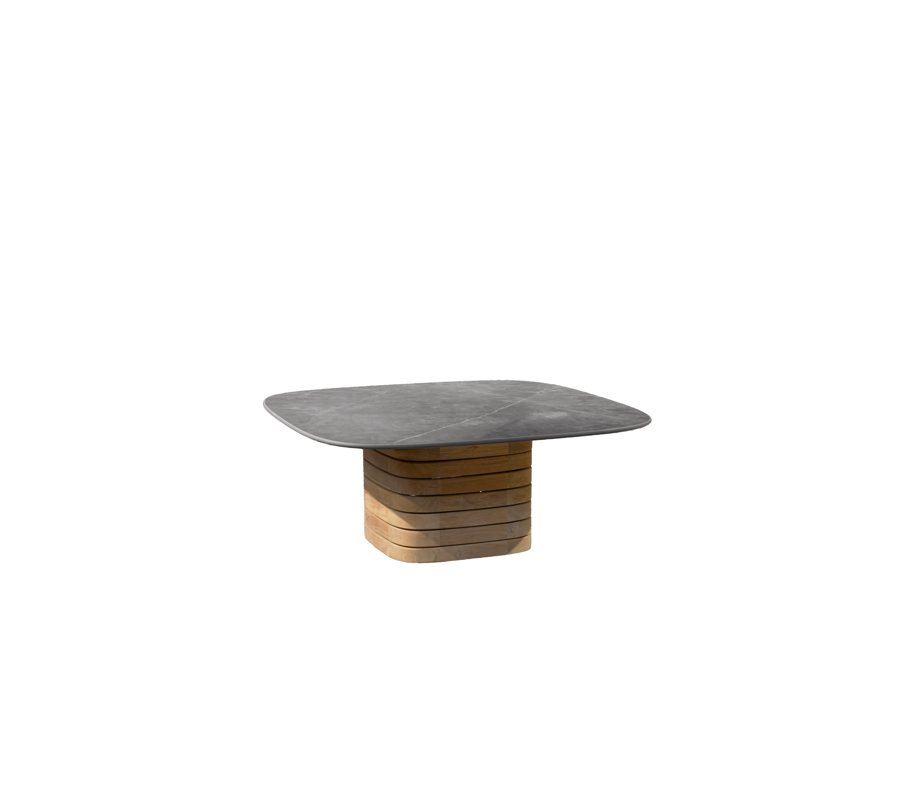 Grå bord med en teakbase i et moderne design.